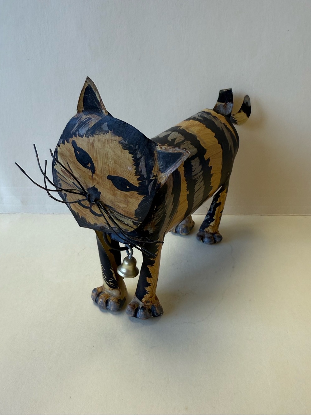 Handcrafted Hand Painted Metal Black and Tan Striped Kitty Cat Figurine.